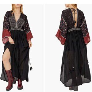 Free People NWT Black Freya Scarf Print Long Sleeve Maxi Dress XS